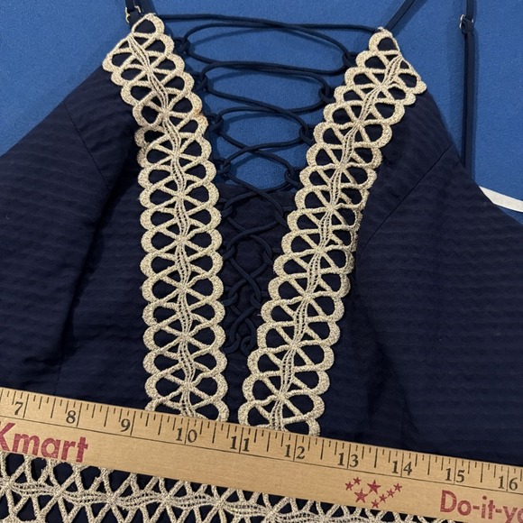 Lily Pulitzer Trista Shift Dress Size 0 Navy Blue/Gold Trim Lace-Up Neck - New - Picture 8 of 11